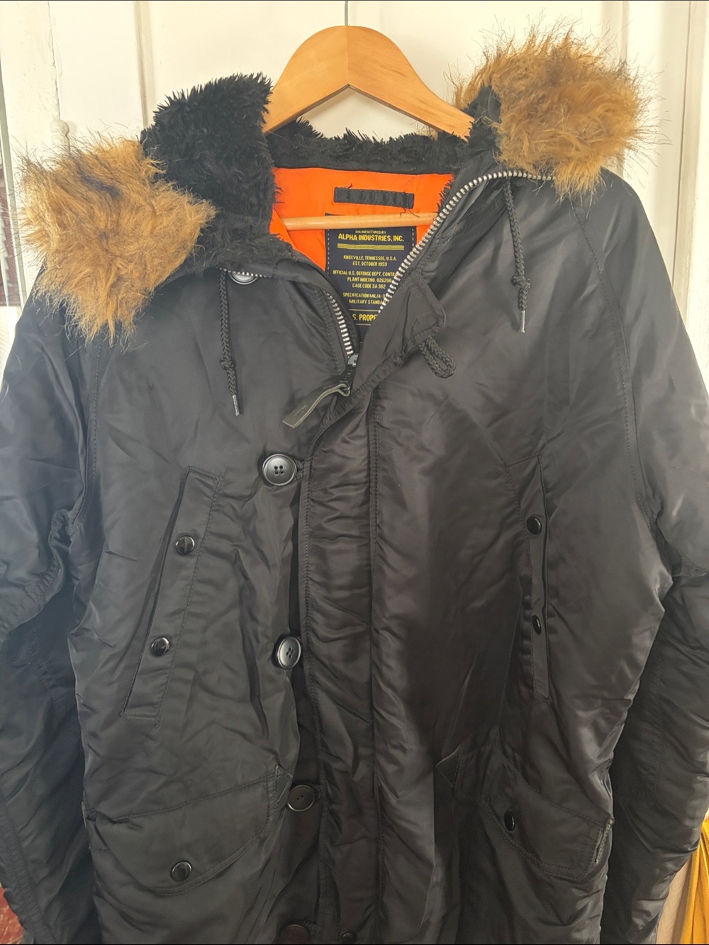 Alpha Industries Black Parka with Orange Lining and Brown Faux-Fur Hood Trim